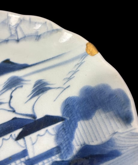 金継ぎ 古伊万里 染付 山水風景図 大皿 丸皿 取り皿 盛り皿 飾り皿 時代物 古美術 和食器 骨董品 アンティーク
