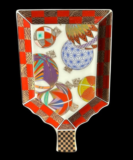 【5客セット】美濃焼 庫山窯 羽子板 手鞠市松 金彩 小皿 色絵 銘々皿 陶器 旅館 和食器 骨董品
