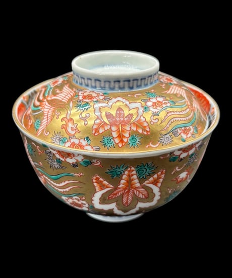 【5客セット】 古伊万里 錦手 金彩 色絵 鳳凰桐葉文図 明治 蓋付き椀 茶碗 汁椀 蓋物 和食器 陶器 骨董品 アンティーク