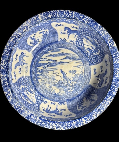 古伊万里 大鉢 馬草花風景文図 盛り鉢 色絵 鉢 取り皿 飾り皿 和食器 陶器 時代物 骨董品 アンティーク