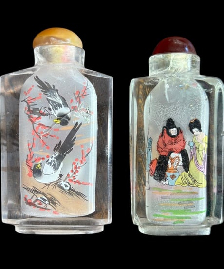 【2個セット】 鼻煙壺 中国美術 伝統工芸 中国 小瓶 鶴 インテリア 置物 工芸品 骨董品 アンティーク