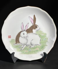 宮内庁御用達 深川製磁 有田焼 絵皿 ウサギ 兎 卯 色絵 干支 プレート 丸皿 取り皿 飾り皿 縁起皿 骨董品 アンティーク