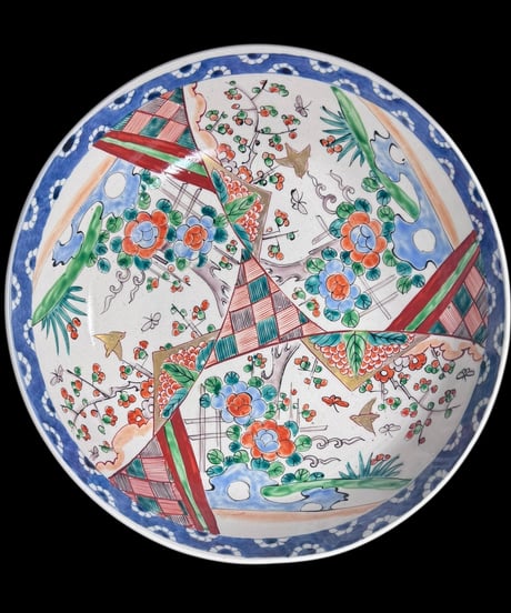 古伊万里 大鉢 梅鳥草花文図 盛り鉢 色絵 鉢 取り皿 飾り皿 陶器 伊万里 時代物 骨董品 アンティーク