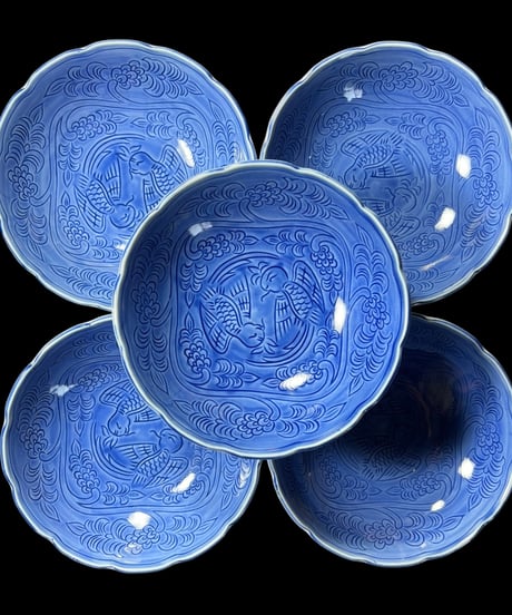 【5客セット】林泉 丸皿 ブルー 草花鳥絵 なます皿 取り皿 盛り皿 飾り皿 和食器 骨董品 アンティーク