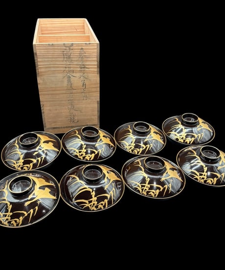 【8客セット】 蔵出し 金蒔絵 吸物椀 双鶴 御汁椀 漆器 塗物 天然木 煮物 鶴 時代物 和食器 骨董品 アンティーク
