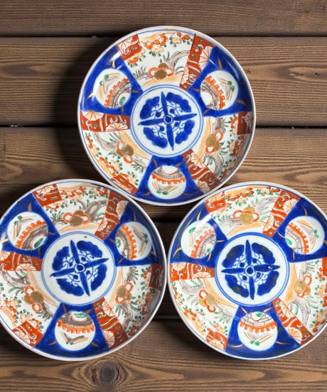 【3客セット】 古伊万里 色絵 瓢箪草花風景文図 丸皿 取り皿 飾り皿 和食器 伊万里 陶器 骨董品 アンティーク
