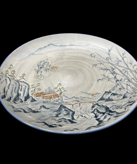 庫山窯 古伊万里 山水風景図 装飾皿 大皿 盛り皿 飾皿 インテリア 古美術 時代物 骨董品 アンティーク
