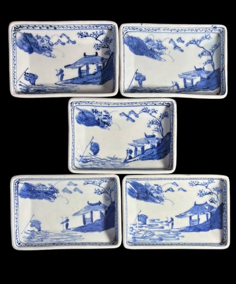 【5客セット】 明治期 四角皿 山水風景図 染付 角皿 取り皿 飾り皿 和食器 時代物 陶器 骨董品 アンティーク