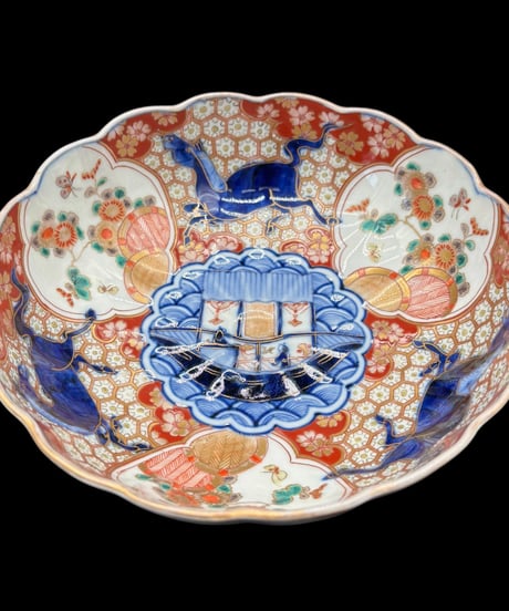3組鉢 大聖寺伊万里 錦手金彩 馬舟草花文図 輪花鉢 時代物 色絵 大鉢 鉢 盛り皿 飾皿 古伊万里 古美術 和食器 骨董品 アンティーク