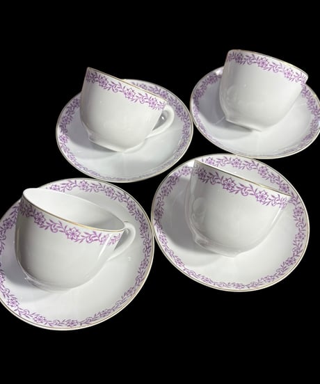 【4客揃】KOKURA カップ&ソーサー 紫花文 マグカップ 紅茶 コーヒー カップ 器 茶器 昭和 レトロ 骨董品 アンティーク