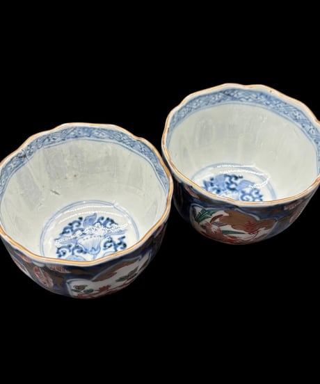 【2客セット】 時代物 古伊万里 湯呑み 金彩 色絵 鳥人物草花文図 冨貴長春 赤絵 蕎麦猪口 和食器 陶器 骨董品 アンティーク