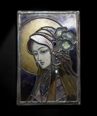 ステンドグラス 女神像 満月 アート ガラス パネル 女性 装飾品 インテリア 骨董品 アンティーク ヴィンテージ