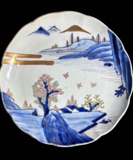 【3客セット】 古伊万里 染付 金彩 山水風景図 色絵 丸皿 取り皿 飾り皿 和食器 明治 伊万里 陶器 骨董品 アンティーク