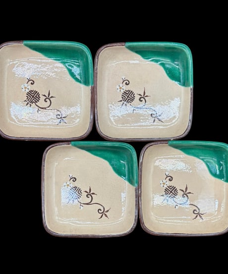 【4客セット】 萬古焼 織部 菓子器 草花 四角皿 角皿 菓子皿 茶道具 時代物 骨董品 アンティーク