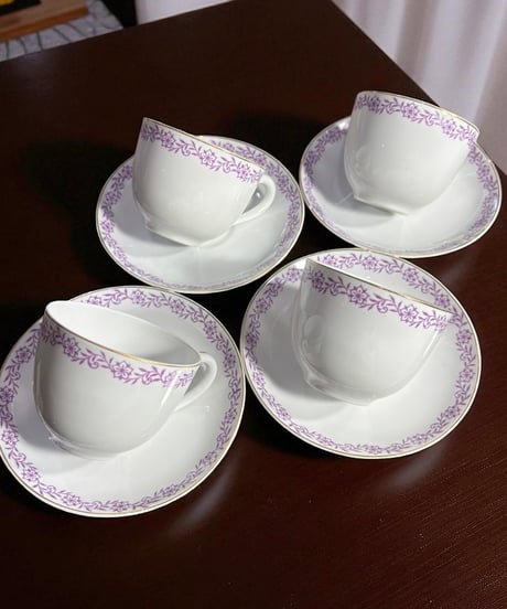【4客揃】KOKURA カップ&ソーサー 紫花文 マグカップ 紅茶 コーヒー カップ 器 茶器 昭和 レトロ 骨董品 アンティーク