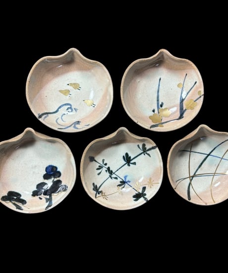 【5客セット】橘吉 図変わり [松竹梅鳥波文絵] 豆皿 小鉢 取り皿 小皿 丸皿 和食器 骨董品 アンティーク