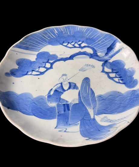 古伊万里 装飾皿 松仙人人物図 染付 明治 丸皿 盛り皿 飾り皿 古伊万里 古美術 和食器 骨董品 アンティーク