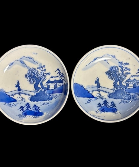 【2客セット】　江戸 古伊万里 山水風景図 染付 小皿 丸皿 盛り皿 飾り皿 古伊万里 古美術 和食器 骨董品 アンティーク