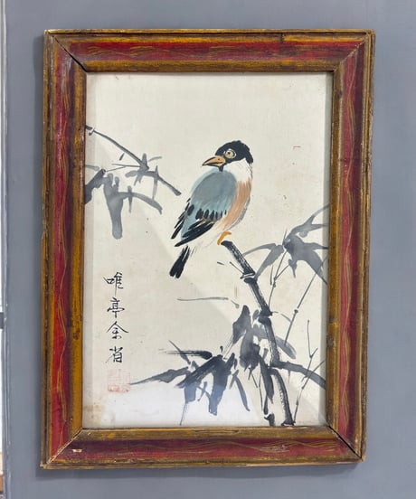 中国美術 絵画【松鳥 花鳥図】額装 壁掛 額 扁額 五彩 色絵 民国 中国 古美術 アンティーク コレクション