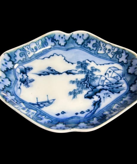【2客セット】古伊万里 染付 菱形変形皿 [山水風景絵] 鉢 取り皿 盛り皿 飾り皿 伊万里 和食器 骨董品 アンティーク