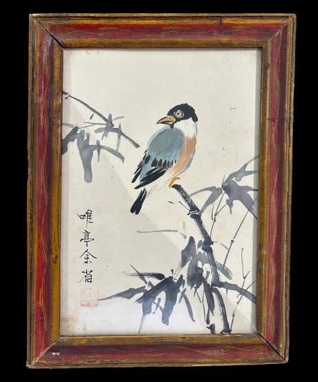中国美術 絵画【松鳥 花鳥図】額装 壁掛 額 扁額 五彩 色絵 民国 中国 古美術 アンティーク コレクション