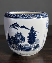 昭和レトロ 染付 火鉢 山水風景文図 金魚鉢 睡蓮鉢 壺 陶器 時代物 古道具 骨董品 アンティーク