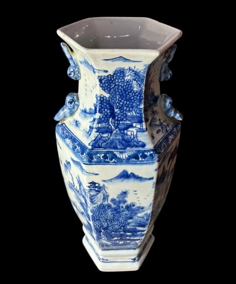 大清康熙年製 六角花瓶 山水風景図 時代物 壺 中国 フラワーベース 花瓶 丸壺 花器 陶器 古美術 骨董品 アンティーク