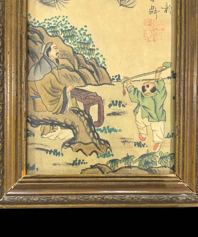 中国美術 絵画【松風景人物絵】額装 壁掛 扁額 五彩 色絵 民国 中国美術 絵画【松風景人物絵】額装 壁掛 扁額 五彩 色絵 民国