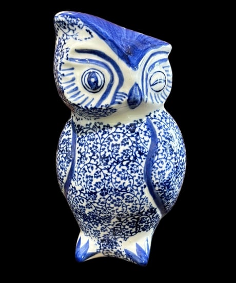 ふくろう 置物 梟 染付 フクロウ 縁起物 福 飾り 陶器 工芸品 インテリア 骨董品 アンティーク