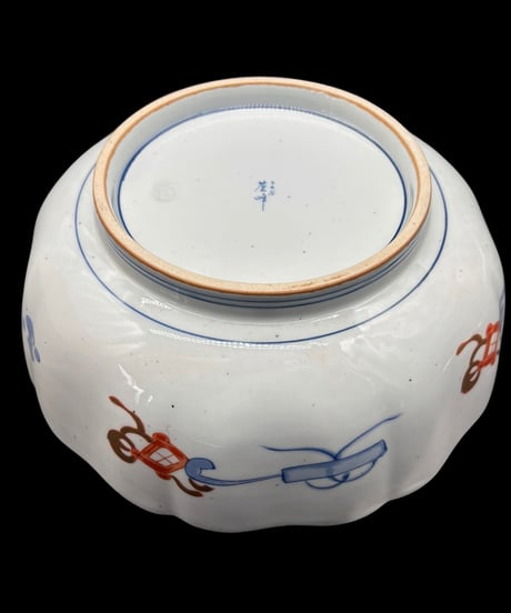 有田焼 年木谷窯 蒼峰 金彩 輪花形 大鉢 獅子梅鳥菊文図 共箱 盛り鉢 色絵 鉢 取り皿 飾り皿 陶器 伊万里 時代物 骨董品 アンティーク