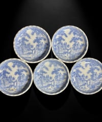 【5客セット】 古伊万里 染付 小皿 人物風景図 銘々皿 丸皿 和食器 伊万里 陶器 時代物 骨董品 アンティーク
