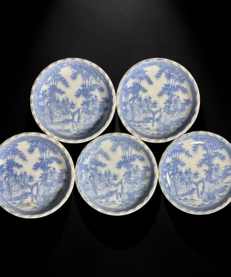 【5客セット】 古伊万里 染付 小皿 人物風景図 銘々皿 丸皿 和食器 伊万里 陶器 時代物 骨董品 アンティーク