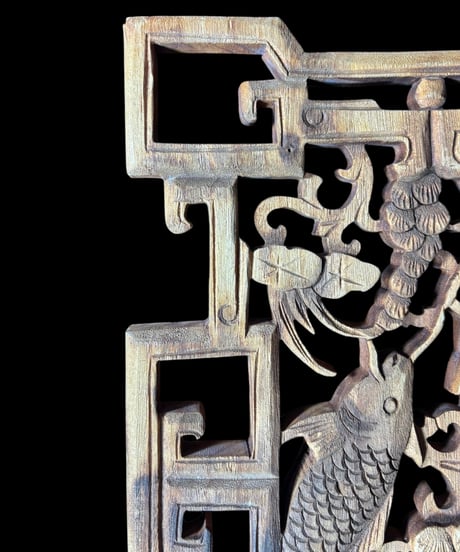 中国手彫り彫刻パネル [鯉草花絵] 木彫り 中国 木製 和風 手彫り 彫刻 古民具 中国雑貨 壁飾り インテリア レトロ アンティーク