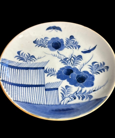 古伊万里 染付 [蝶牡丹絵] 中皿 大皿 平皿 取り皿 盛り皿 飾り皿 和食器 伊万里 骨董品 アンティーク