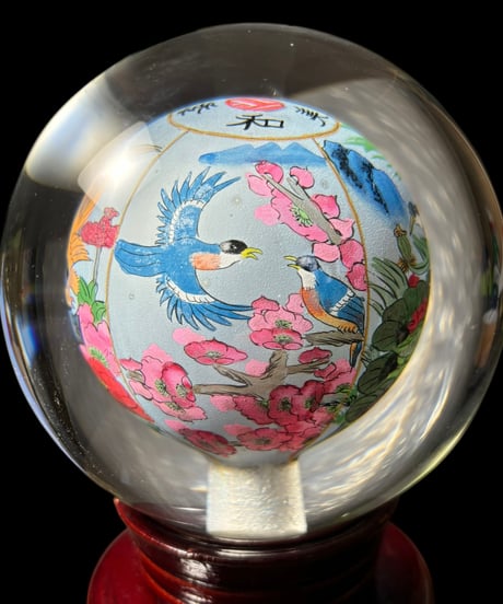 中国美術 水晶玉 草花鳥風景絵 内画球 伝統工芸 中国雑貨 唐木台 飾り インテリア オブジェ 置物 工芸品 骨董品 アンティーク