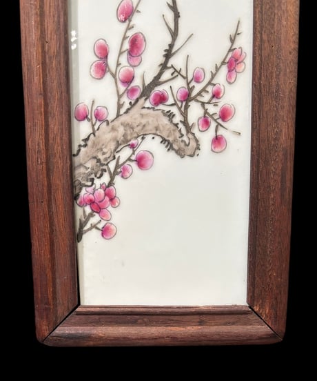 中国現地買入 陶板画 陶板額【梅】額装 壁掛 扁額 五彩 色絵 中国 民国 中国美術 古美術 アンティーク コレクション