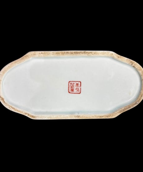 中国現地買入 陶箱 蓮 魚 染付 書道具 書道 小物入れ 中国雑貨 陶磁器 陶器 清 清時代 古美術 骨董品 アンティーク