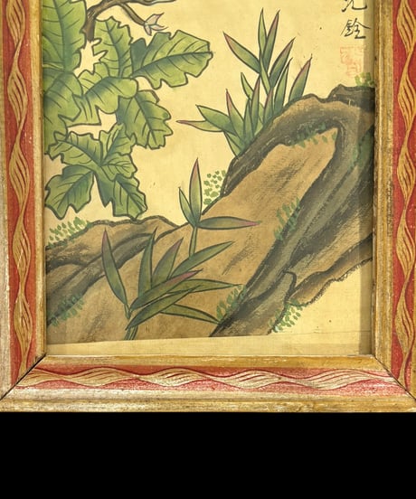 中国美術 絵画【鳥草花風景絵】額装 壁掛 額 扁額 五彩 色絵 民国 中国 古美術 アンティーク コレクション