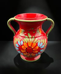 イタリア製 手描き 花柄 花瓶 レッド フラワーベース 花入れ 花器 陶器 インテリア 骨董品 アンティーク