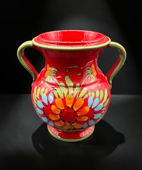 イタリア製 手描き 花柄 花瓶 レッド フラワーベース 花入れ 花器 陶器 インテリア 骨董品 アンティーク