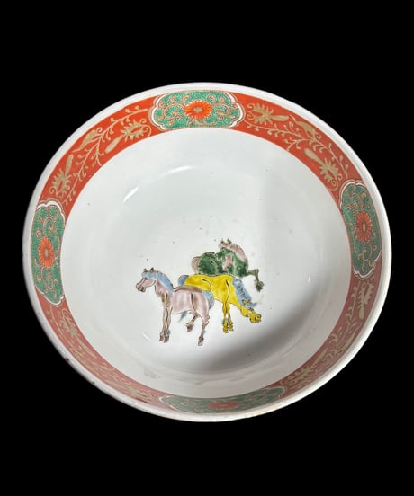 色絵 大鉢 [馬 雲 紋 花柄] 盛り皿 飾り皿 大皿 大深鉢 中華風 和食器 骨董品