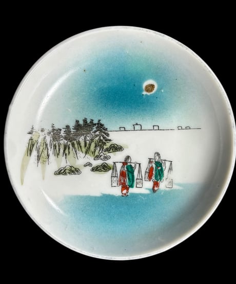 【2客セット】色絵 丸皿 [風景 人物絵] 時代物 小皿 取り皿 盛り皿 飾り皿 レトロ 昭和初期 和食器 骨董品 アンティーク