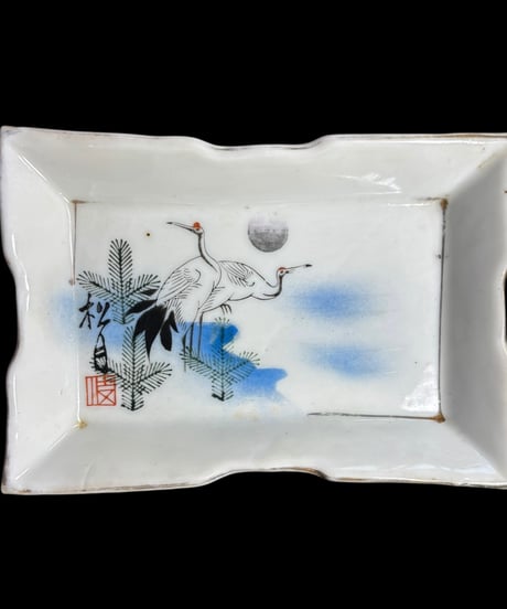 【2客セット】印判角皿 松月 [鶴松月] 江戸 色絵 伊万里 四角皿 盛り皿 飾り皿 古伊万里 古美術 和食器 骨董品 アンティーク
