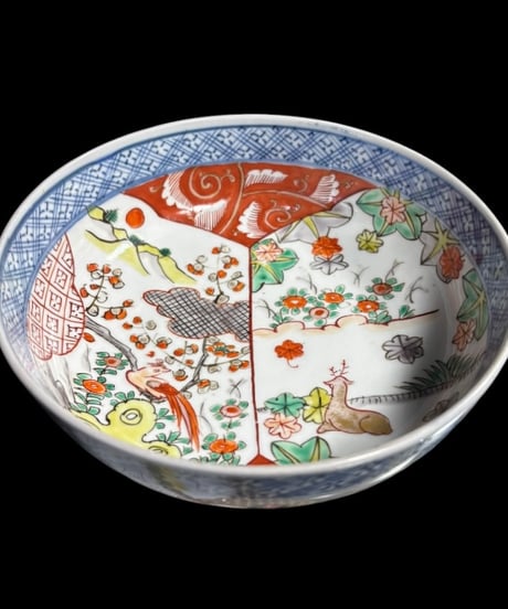 江戸期 古伊万里 色絵鉢 鹿鳥草花文図 紅葉 窓絵 盛り鉢 染錦 鉢 取り皿 飾り皿 和食器 陶器 伊万里 時代物 骨董品 アンティーク
