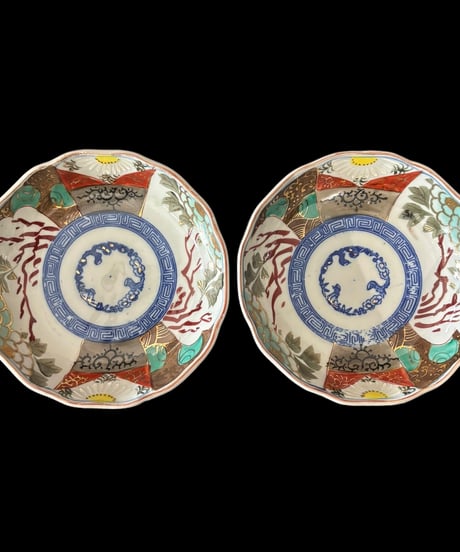 【2客セット】金彩 色絵 [草花文菊松窓絵] 染付 丸皿 なます皿 中皿 取り皿 飾り皿 和食器 骨董品 アンティーク
