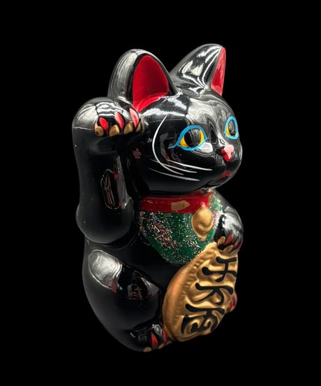 開運堂 招き猫 千万両 黒猫 右手 縁起物 開運 商売繁盛 貯金箱 陶器 昭和 レトロ 工芸品 インテリア 骨董品 アンティーク