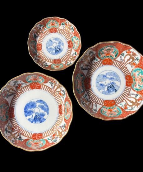 【3客セット】 江戸時代 古伊万里 金彩 赤絵 松草花文図 小皿 なます皿 冨貴長春 取り皿 飾り皿 和食器 陶器 骨董品 アンティーク
