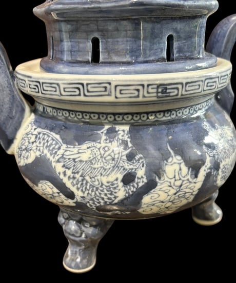 染付 龍 三足 香炉 香道具 美術品 インテリア 置物 陶器 中国 時代物 骨董品 アンティーク