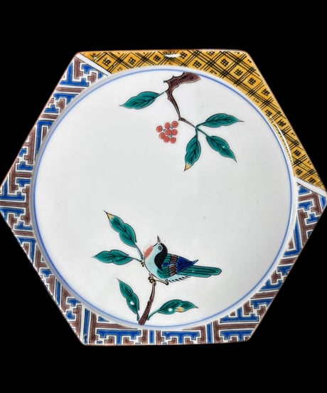 【4客セット】九谷 青郊 六角皿 [鳥草花] 色絵 小皿 丸皿 九谷焼 盛り皿 飾り皿 古美術 和食器 骨董品 アンティーク