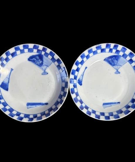 【6客セット】 古伊万里 染付 福 扇子 丸皿 取り皿 飾り皿 和食器 伊万里 陶器 骨董品 アンティーク